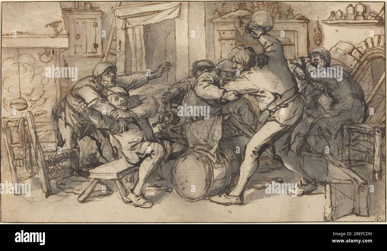 "Adriaen van Ostade e Cornelis Dusart, contadini che combattono in una taverna, c. 1640 (con aggiunte dopo il 1685 da parte di Dusart), penna e inchiostro marrone scuro su grafite (di Ostade) e penna e inchiostro marrone chiaro con lavaggio grigio-marrone (di Dusart) su carta stilata, complessivamente: 14,9 x 26 cm (5 7/8 x 10 1/4 pollici), regalo di Edward William Carter e Hannah Locke Carter, in onore del 50 ° anniversario della National Gallery of Art, 1990.51.1' Foto Stock