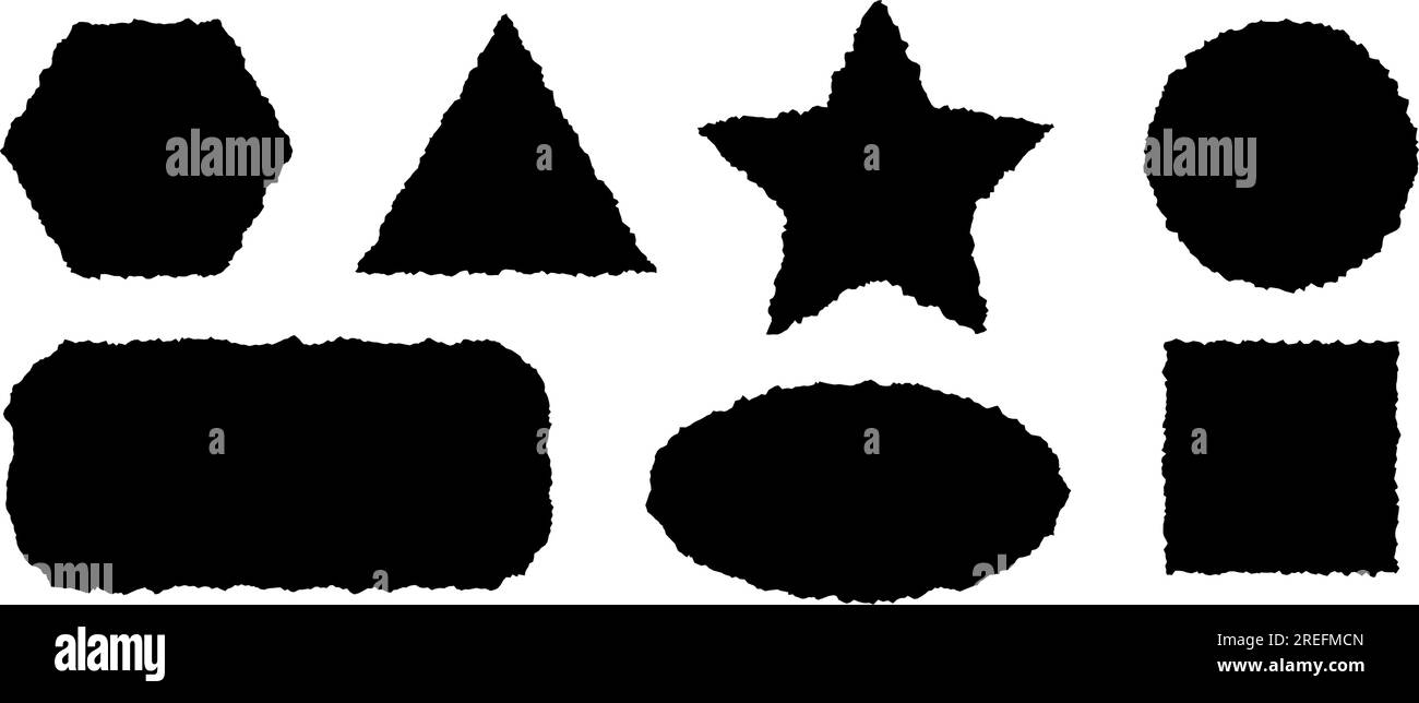 Set di pezzi di carta strappati. Forme geometriche nere con bordi frastagliati. Collezione di silhouette rettangolari strappate, a stella, a triangolo e rotonde. Pacchetto di elementi grunge per collage, casella di testo, banner, adesivo. Vettore Illustrazione Vettoriale