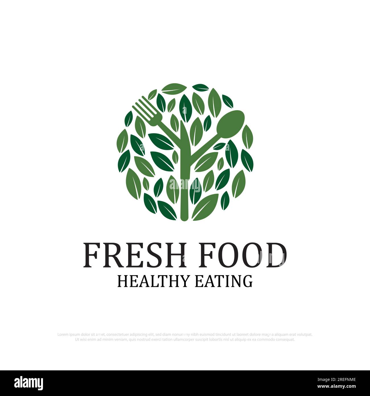 illustrazione del logo del cibo biologico, alimentazione sana, design del logo del cibo verde e fresco vettore premium Illustrazione Vettoriale