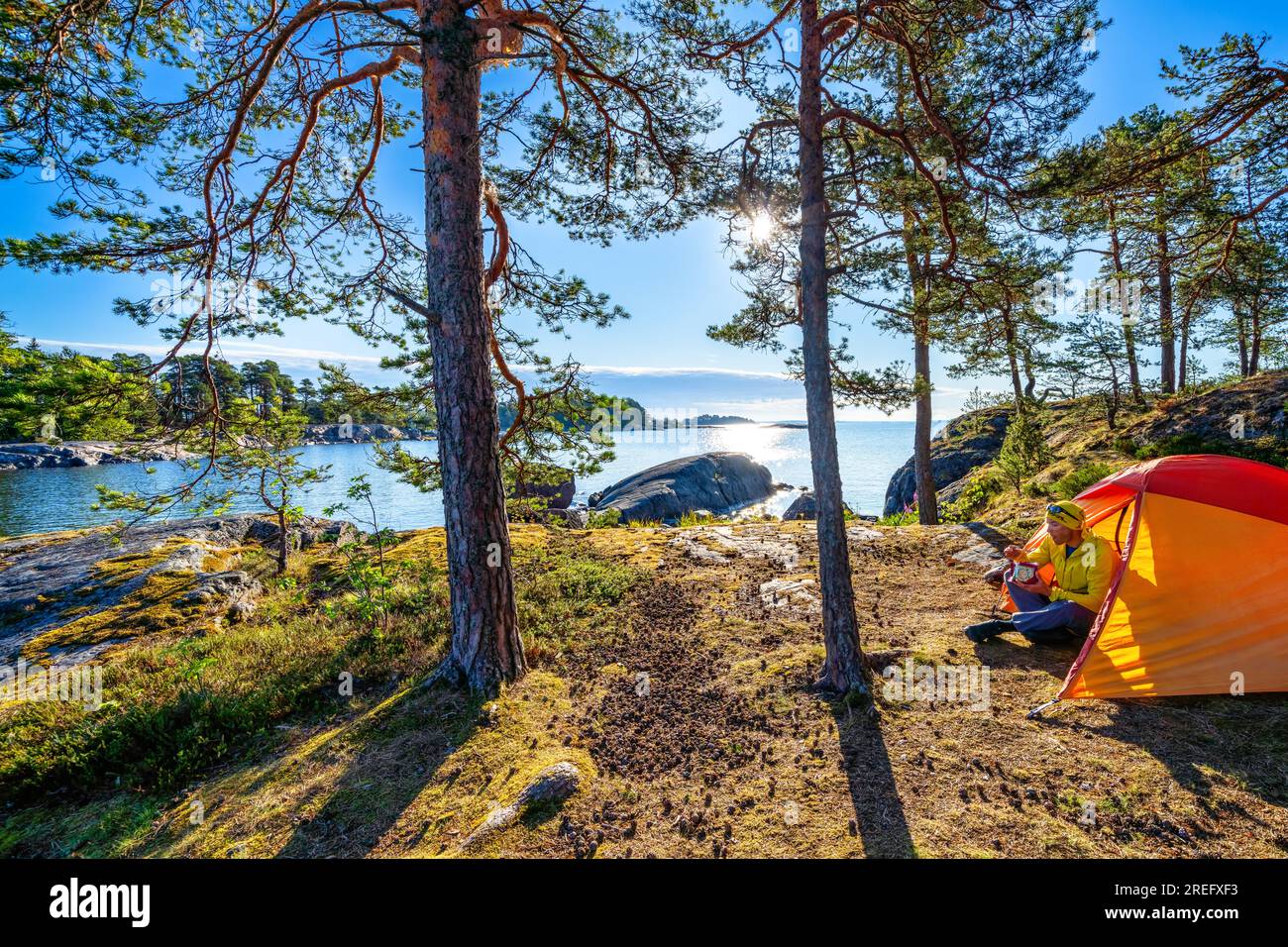 Campeggio sull'isola di Bergholmen, Sipoo, Finlandia Foto Stock