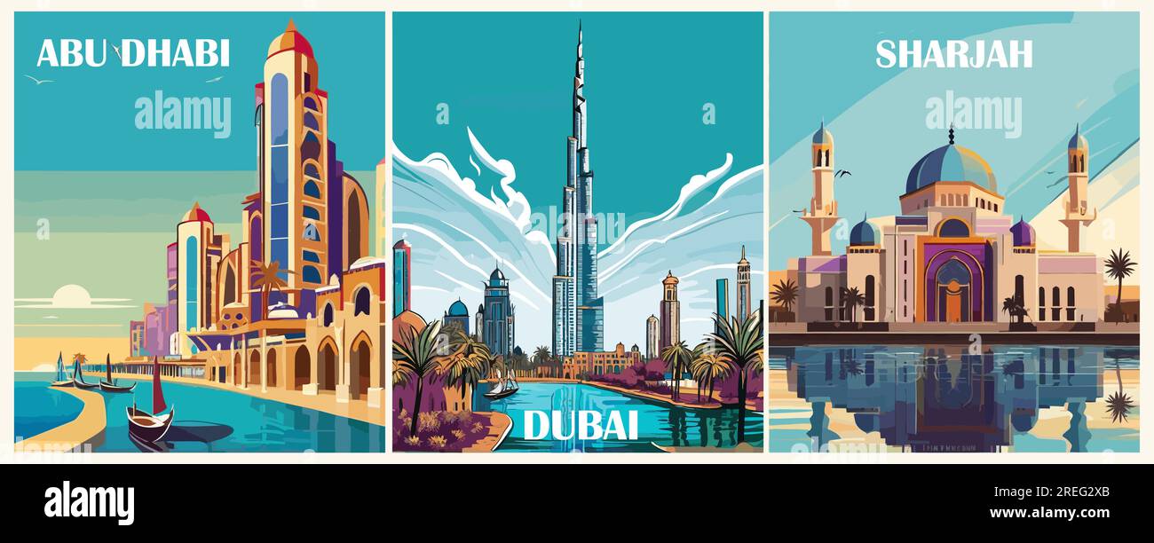 Set di poster delle destinazioni di viaggio in stile retrò. Illustrazione Vettoriale