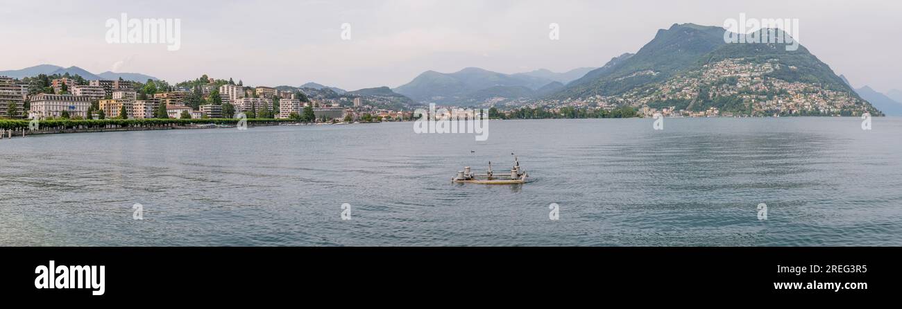 Vista panoramica di Lugano, Svizzera, da Riva Antonio caccia al Monte Brè Foto Stock