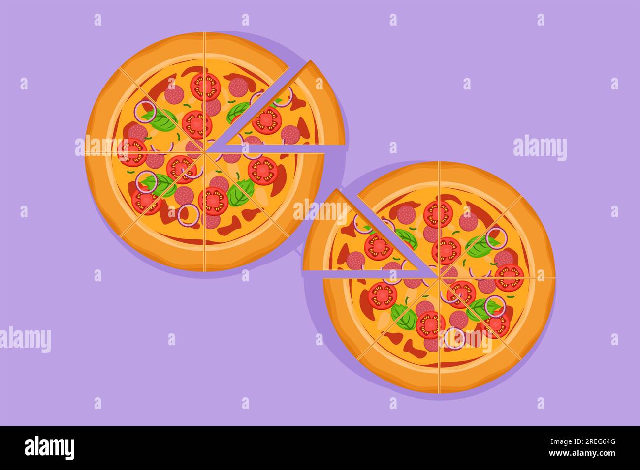 Disegno in stile piatto di cartoni animati, fresco logo della pizzeria italiana, grafica vettoriale, illustrazione artistica. Menu fast food, pizza e caffè e concetto distintivo del ristorante. Strada Foto Stock