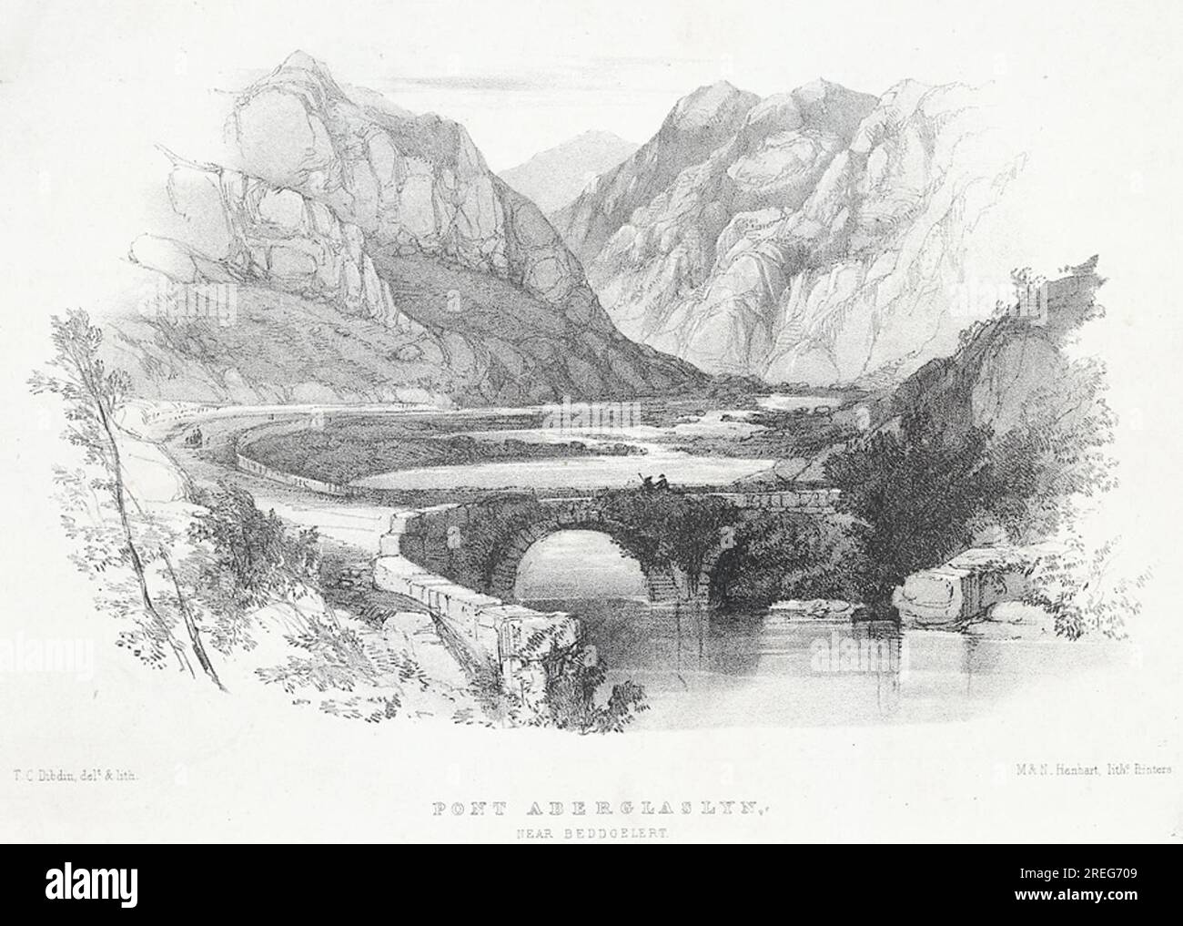 Pont Aberglaslyn, vicino a Beddgelert circa 1850 di Thomas Colman Dibdin Foto Stock