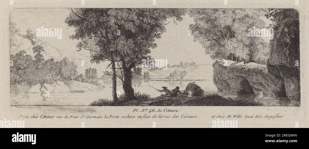 "Antoine de Marcenay de Ghuy, paesaggio fluviale con un angelo, 1773, incisione su carta tessuta, piastra: 4,8 x 12,1 cm (1 7/8 x 4 3/4 pollici) Foglio: 6,9 x 14,6 cm (2 11/16 x 3/4 pollici), regalo della tenuta di Leo Steinberg, 2011,139,128' Foto Stock