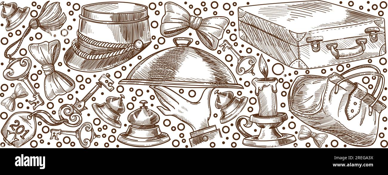 Ostello o servizio di hotel per turisti e ospiti in viaggio, cappello di concierge, colazione dallo chef, chiave per camera. Luce e campana vintage a candela, borsetta A. Illustrazione Vettoriale
