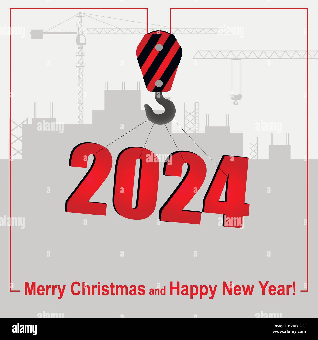 Buon anno e buon Natale. Una gru solleva il simbolo di 2024 sullo sfondo di un cantiere edile. Illustrazione Vettoriale