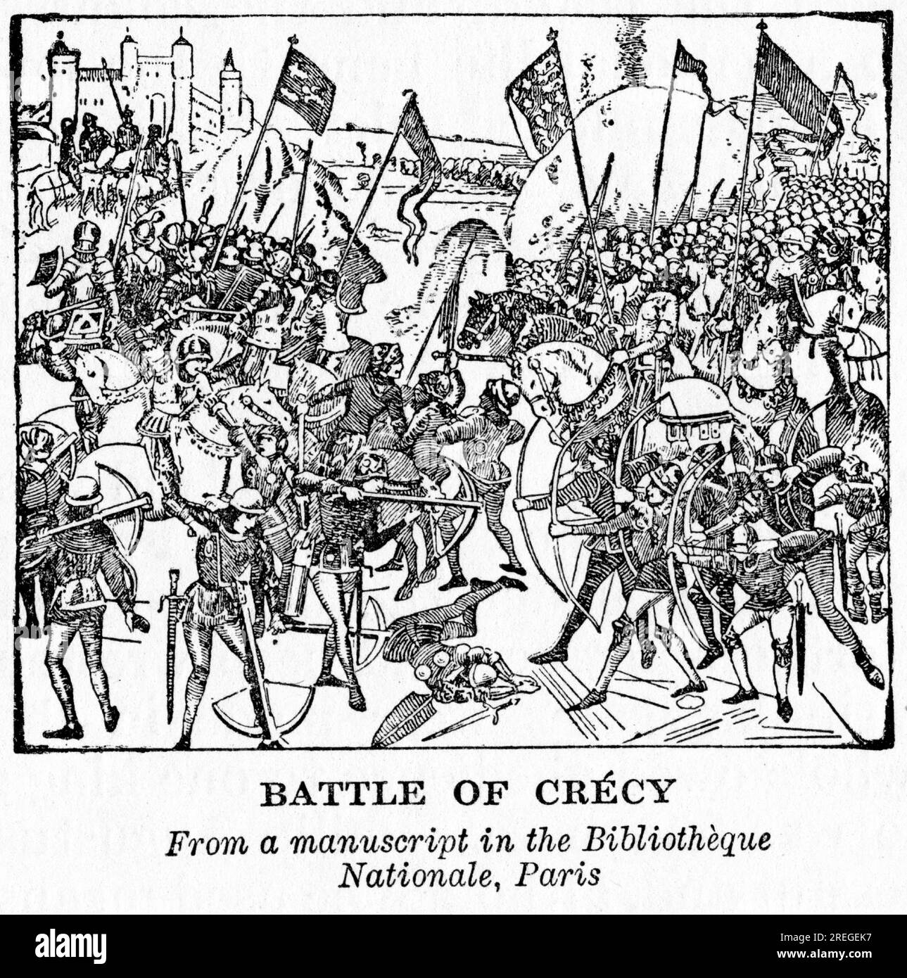 La battaglia di Crécy, 26 agosto 1346, nel nord della Francia, tra un esercito francese comandato da re Filippo vi e un esercito inglese guidato da re Edoardo III Foto Stock