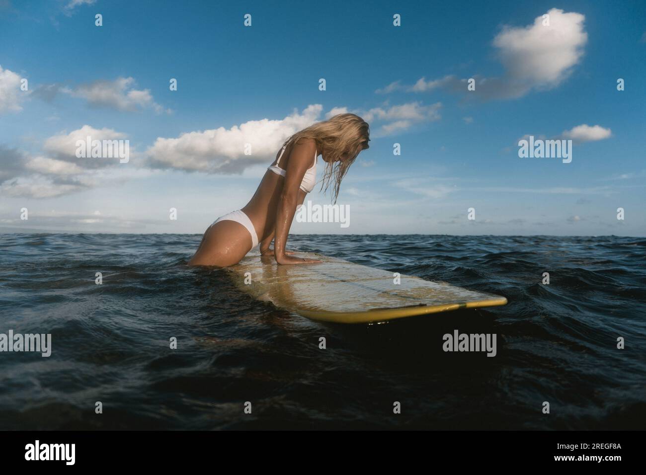 Donna surfista su una tavola da surf nell'oceano in attesa delle onde. Foto Stock