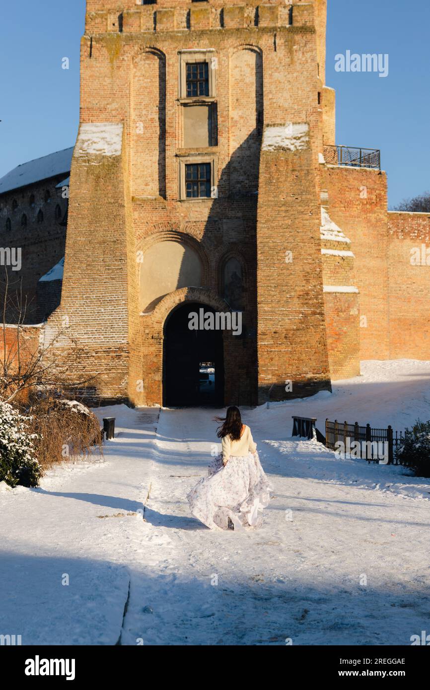 Ragazza con un vestito bianco su una foto del castello Foto Stock