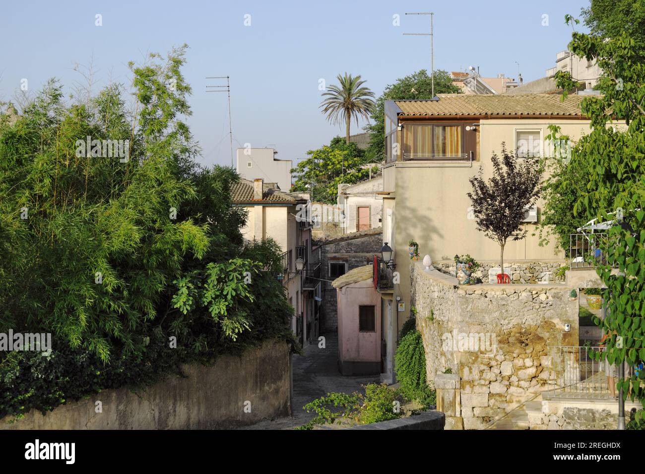 Case con vista idilliaca di Palazzolo Acreide, Sicilia, Italia Foto Stock