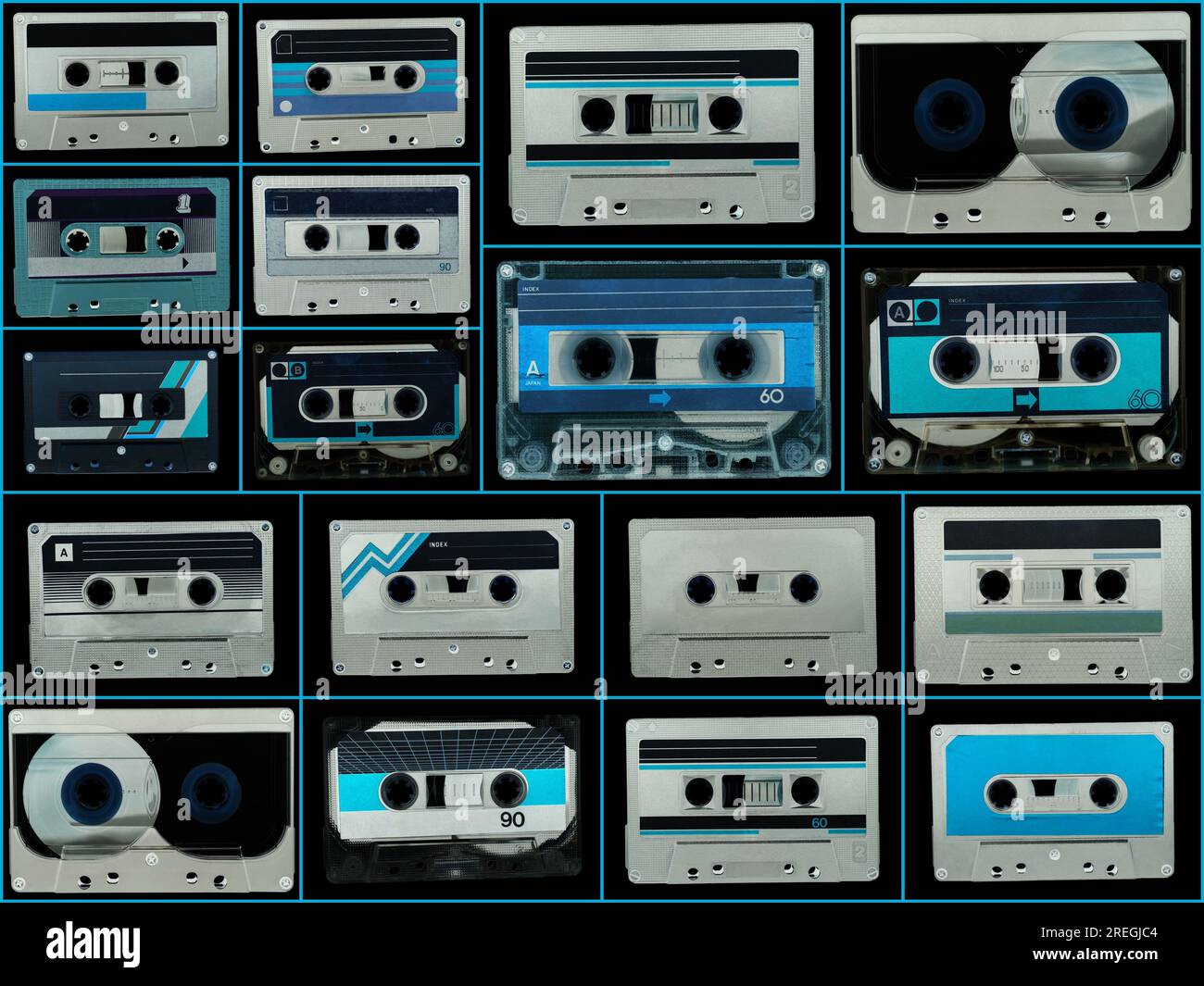 Collage di varie cassette audio vintage. Foto Stock