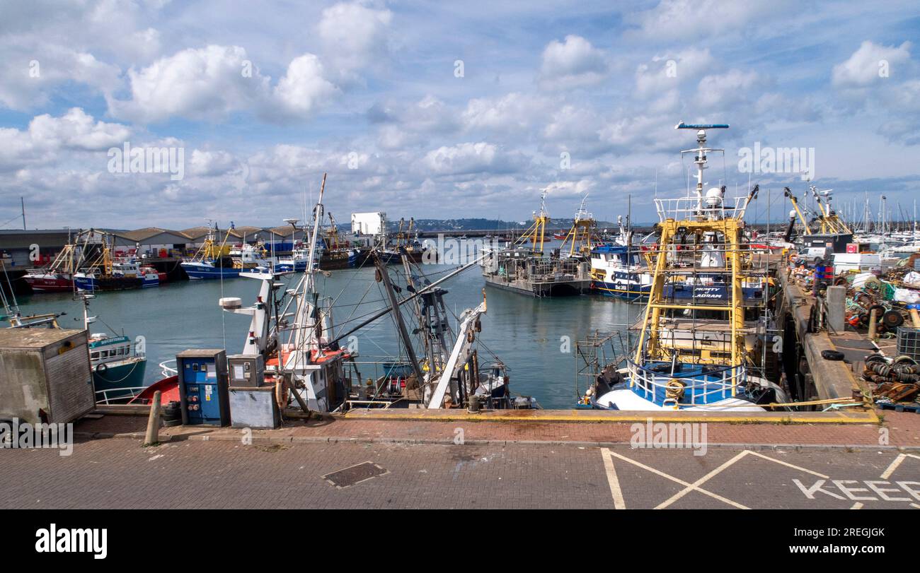 Barche da pesca nel porto di Brixham, un importante porto di pescatori nel Devon, in Inghilterra. Industria della pesca Regno Unito Foto Stock