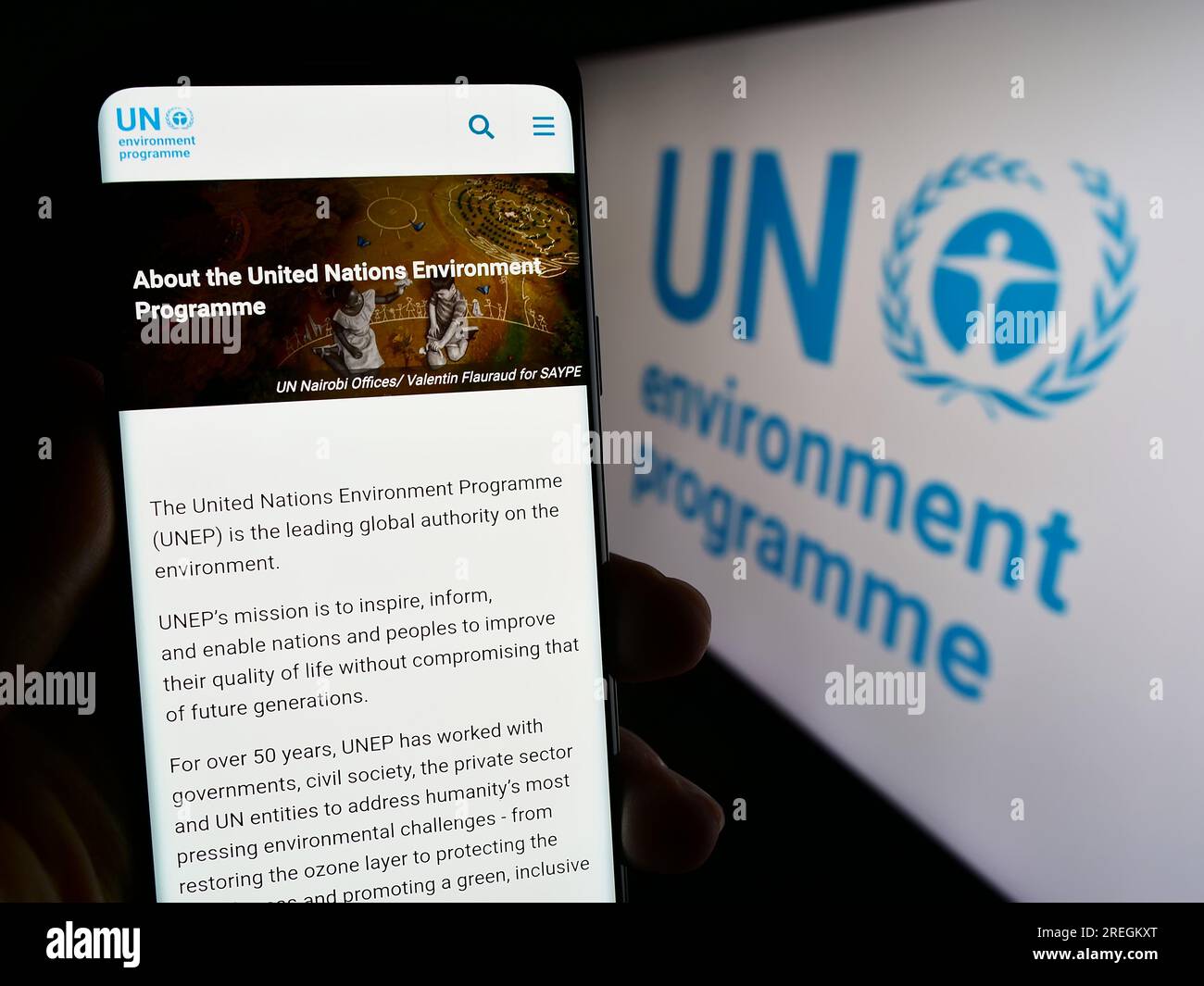 Persona che possiede un telefono cellulare con una pagina Web del programma delle Nazioni Unite per l'ambiente (UNEP) sullo schermo con logo. Concentrarsi sul centro del display del telefono. Foto Stock
