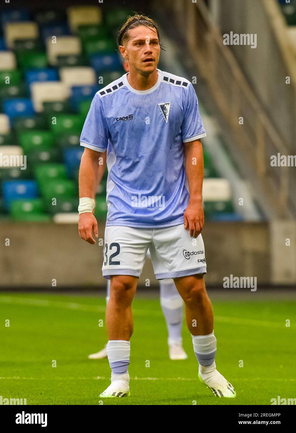 Pogoń Szczecin giocatore Leonardo Koutris - Linfield vs Pogoń Szczecin, UEFA Europa Conference League, giovedì 27 luglio 2023, Windsor Park Belfast Foto Stock