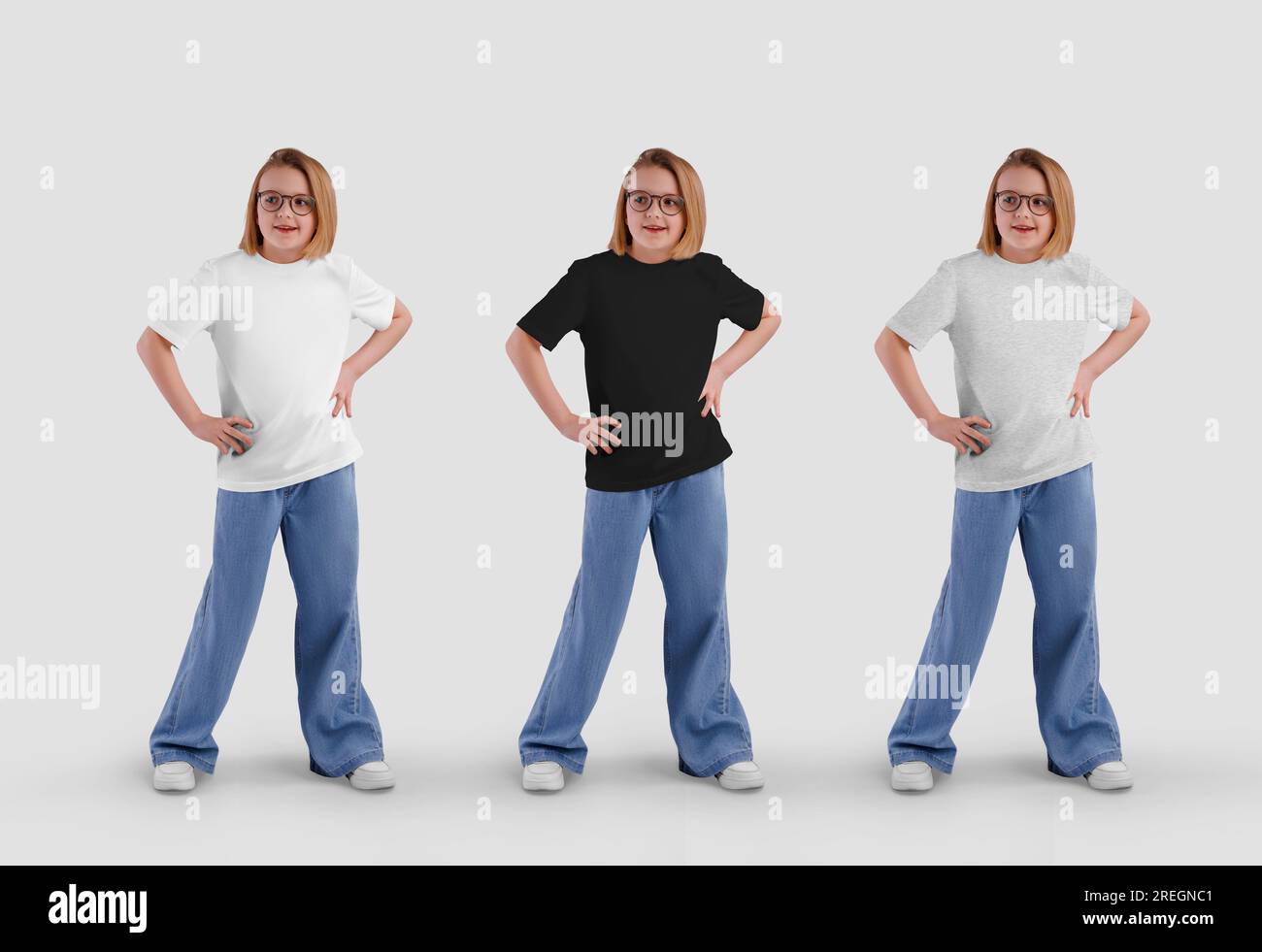 Mockup di una maglietta bianca, nera, di heather su una ragazza in jeans, occhiali, piena, isolata sullo sfondo. Set di abbigliamento per il design. Modello di stile Foto Stock