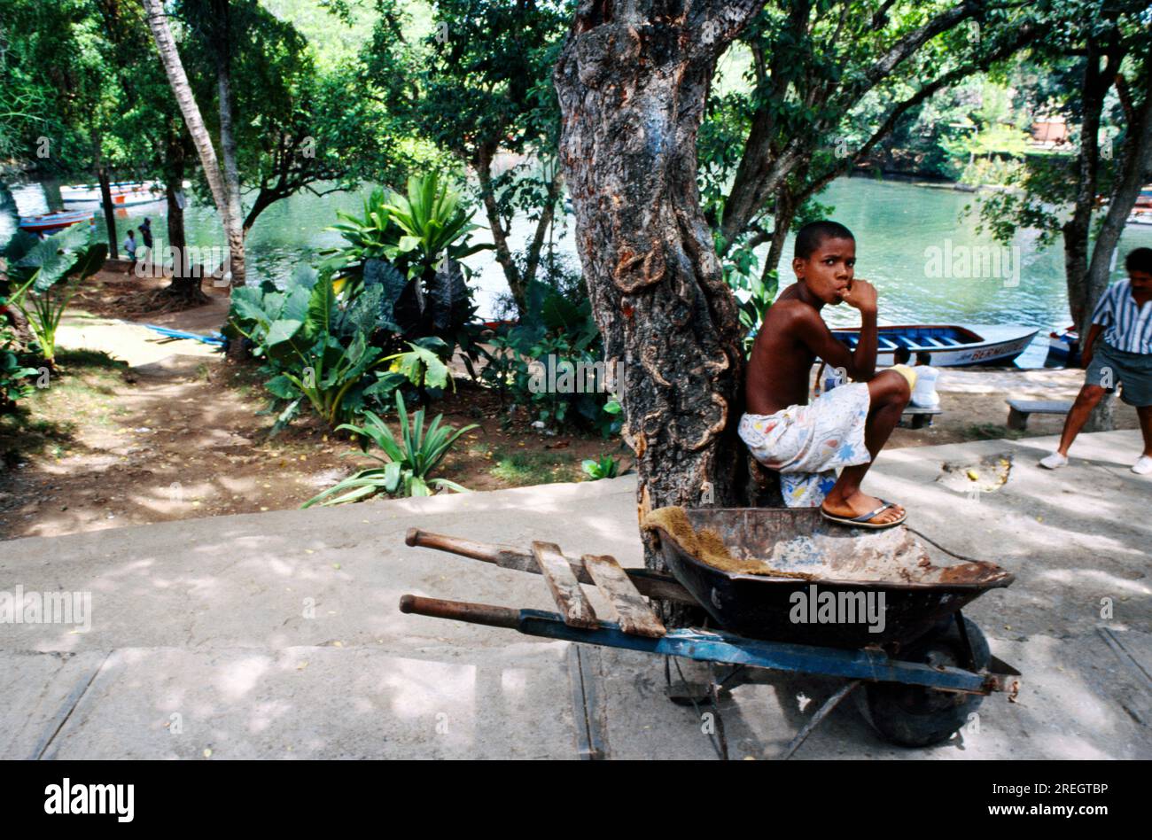 Noleggio barca per la laguna, Boy & Wheel Barrow della Repubblica Dominicana Foto Stock