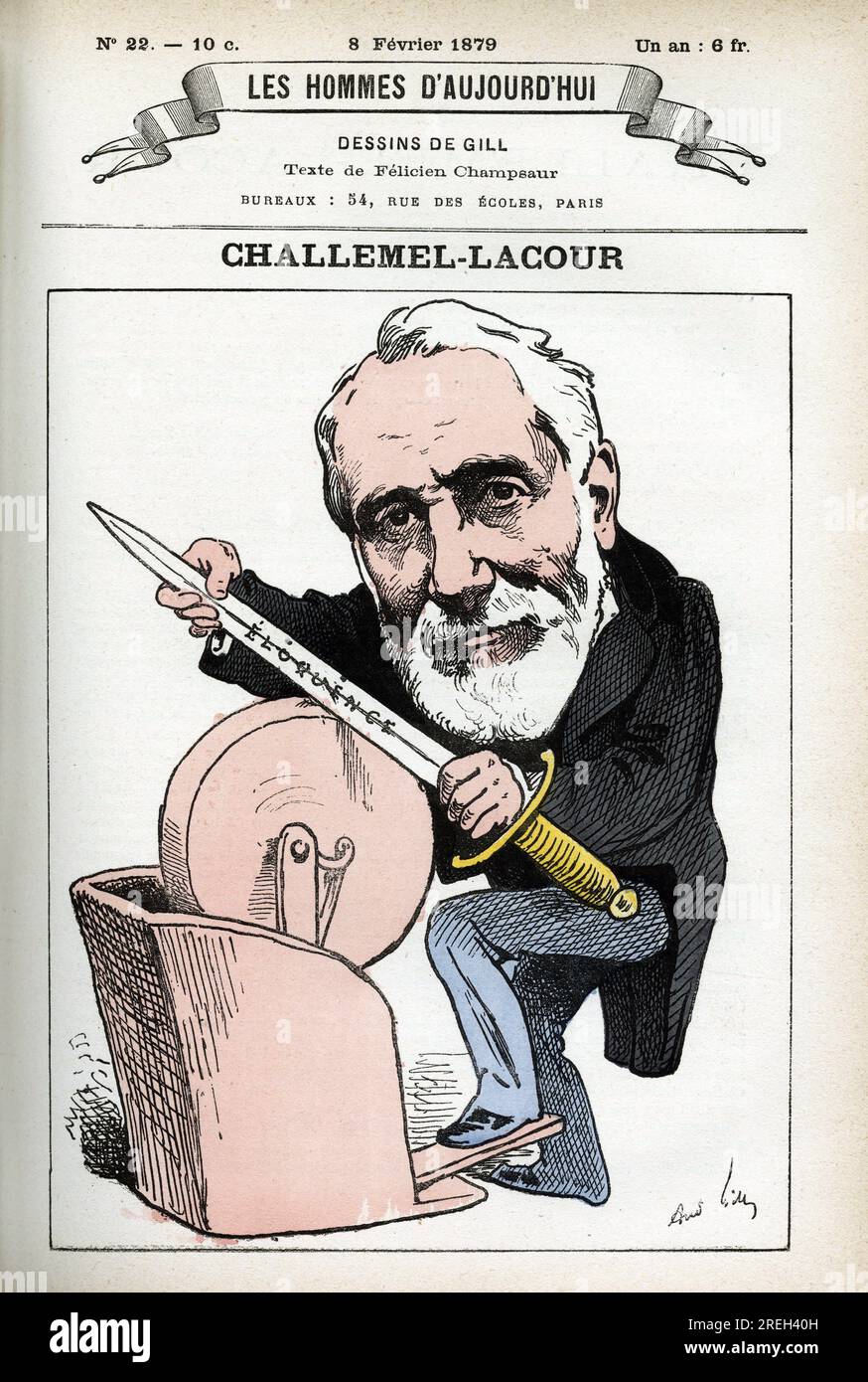 Portrait de Paul-Armand Challemel-Lacour (1827-1896), homme politique, diplomate et historien de la philosophie francais. Caricature de Gill, in "Les Homme d'Aujourd'hui", Parigi, 1878. Foto Stock