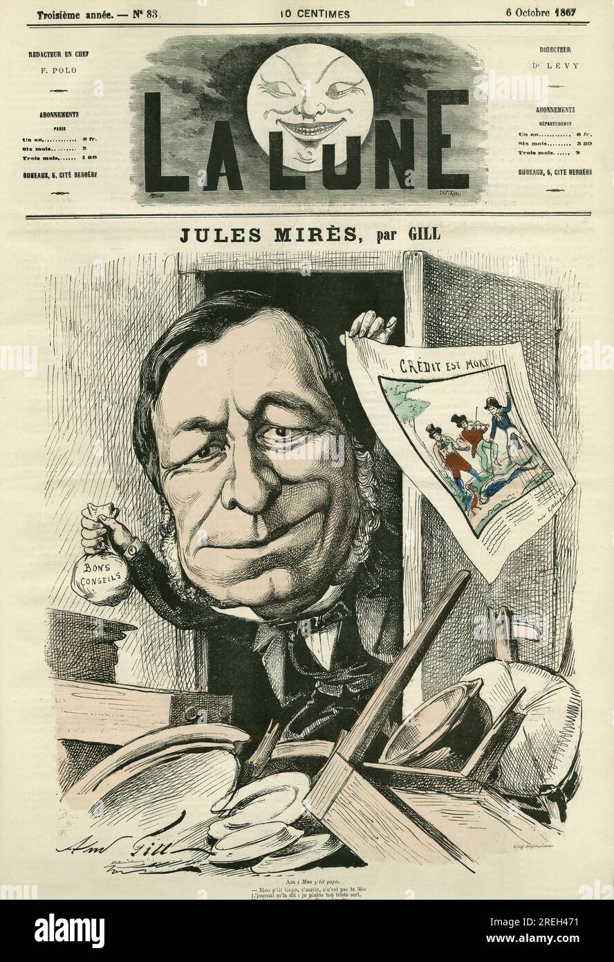 Portrait de Jules Mires (1809-1871), industriel francais. Caricature par Gill, in "la Lune", le 6 octobre 1867. Foto Stock