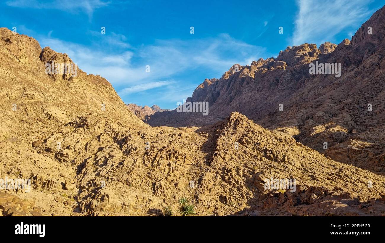 Paesaggio desertico di alta montagna del Sinai vicino al Monastero di Santa Caterina ( دير القدّيسة كاترين o Moni tis Agias Aikaterinis), ufficialmente il Sacro Auto Foto Stock