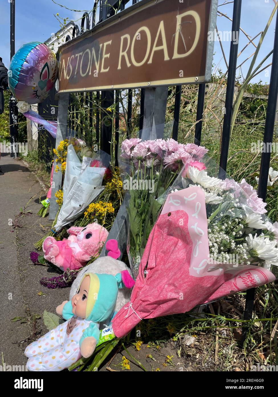 I fiori sono lasciati sulla Turnstone Road a Blakenall, Walsall, vicino alla scena in cui una bambina di sette anni è morta a seguito di un colpo e fuga. Un ragazzo di 14 anni è stato arrestato dopo che la ragazza è stata investita da un motociclo. Data immagine: Venerdì 28 luglio 2023. Foto Stock