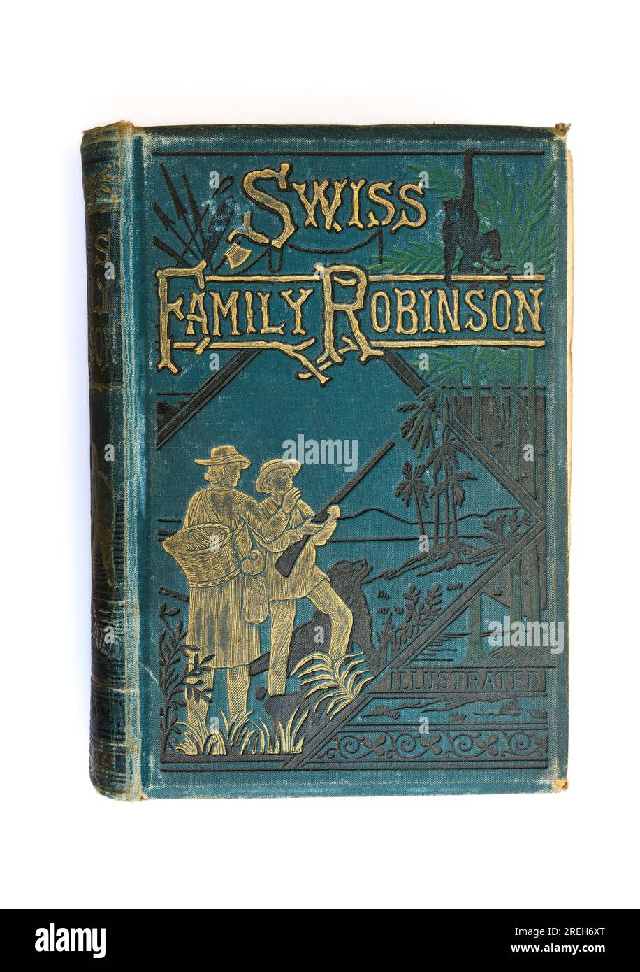 Copertina della vecchia edizione rigida del classico romanzo d'avventura per bambini The Swiss Family Robinson di Johann David Wyss Foto Stock