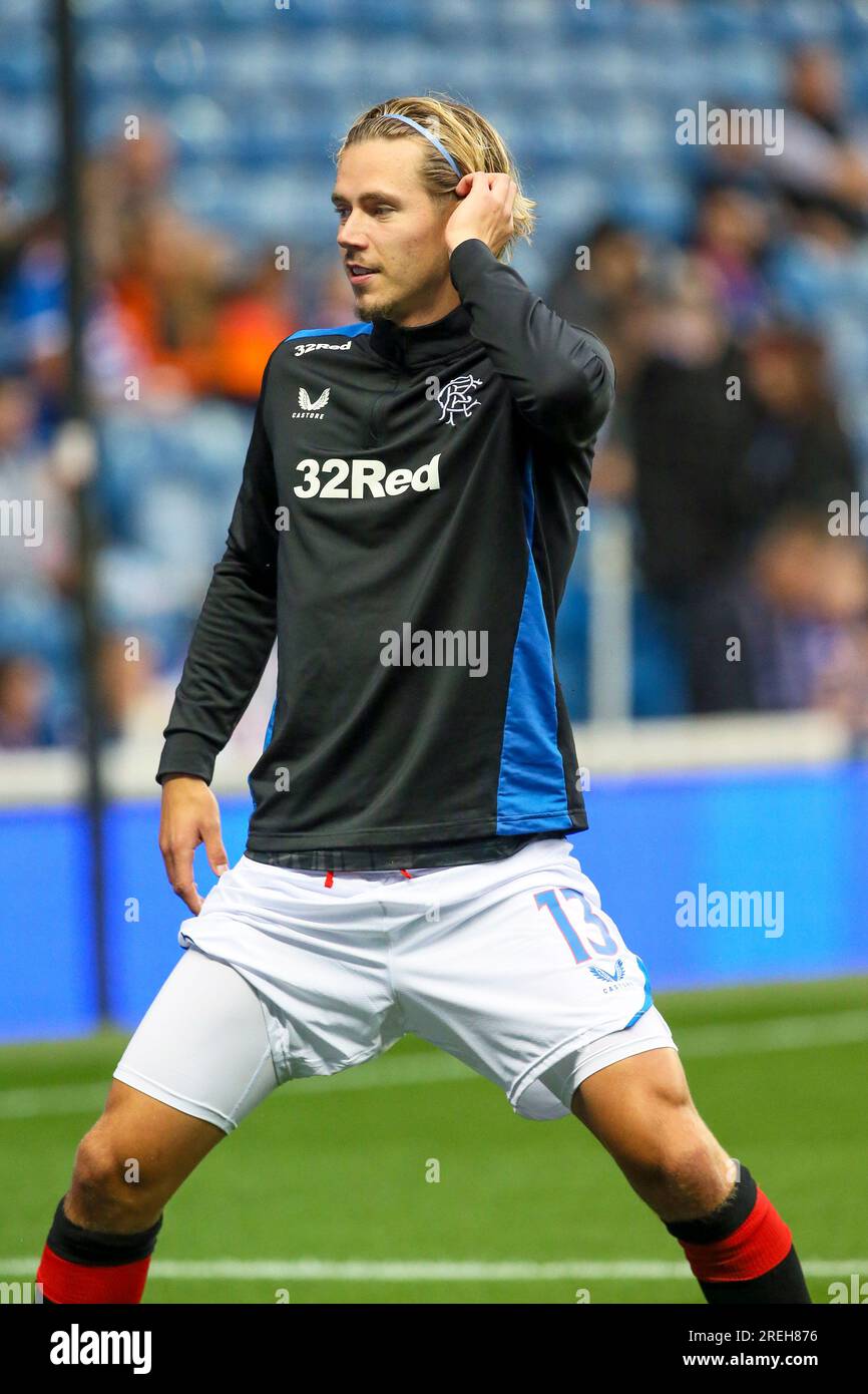 Todd Cantwell, che gioca con i Rangers FC, allenandosi allo stadio Ibrox, Glasgow, Scozia, Regno Unito Foto Stock