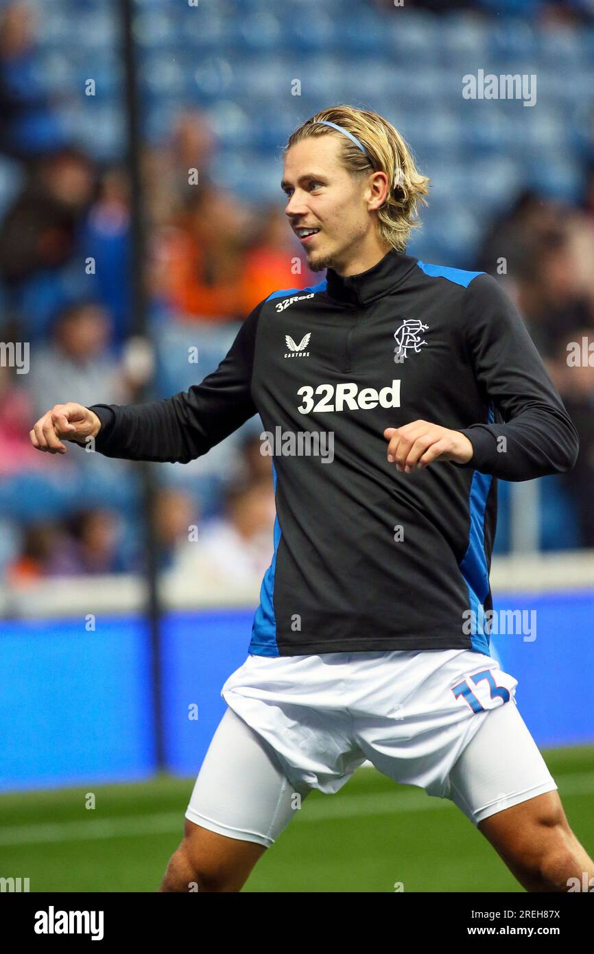 Todd Cantwell, che gioca con i Rangers FC, allenandosi allo stadio Ibrox, Glasgow, Scozia, Regno Unito Foto Stock