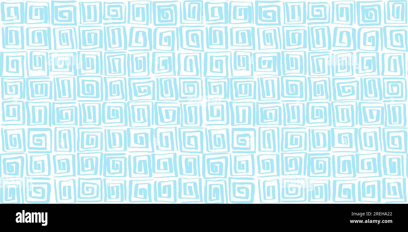 Fantasia a forma di quadratini greci a spirale, azzurro pastello, senza cuciture e disegnati a mano. Texture di sfondo con linee di doodle dal motivo egiziano astratto. Il bi del ragazzo Foto Stock