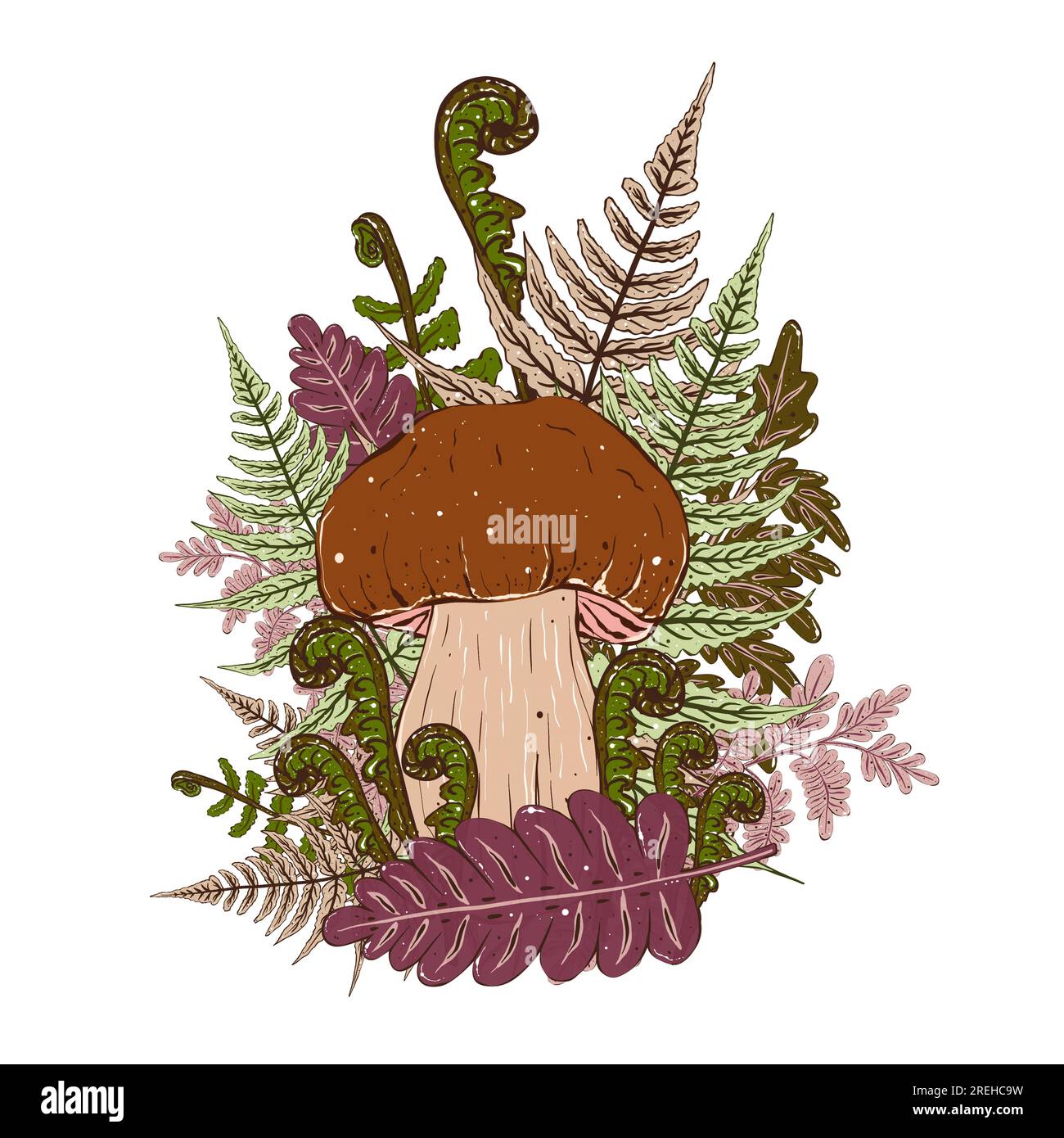 Composizione di funghi velenosi e foglie di felce. Illustrazione mistica in stile cartone animato Foto Stock