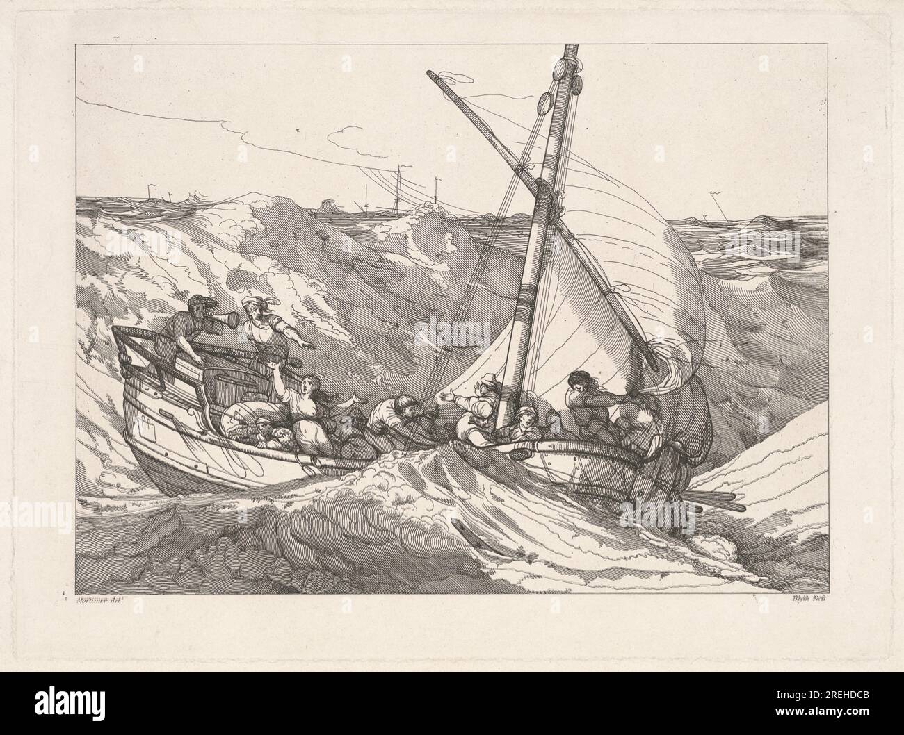 "Robert Blyth, dopo John Hamilton Mortimer, Boat in a Storm at Sea, 1803, incisione su carta stesa, piastra: 25,3 x 34,5 cm (9 15/16 x 13 9/16 pollici) Foglio: 27,5 x 41,8 cm (10 13/16 x 16 7/16 pollici), regalo di Thomas Vogler in memoria di suo fratello Donald J. Vogler, 2017.53.84' Foto Stock