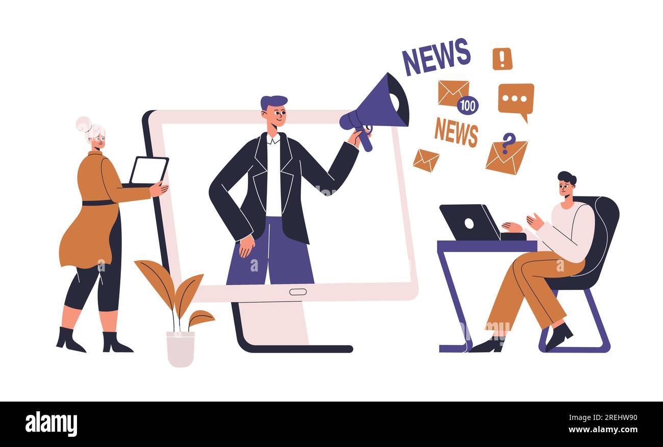 Notizie online, social network, ricerca di informazioni e condivisione di informazioni. Vettore di social media network, notizie Internet illustrazione online Illustrazione Vettoriale