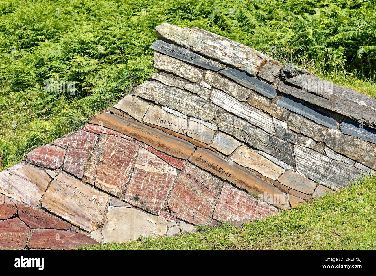 Knockan Crag West Highlands Geopark Scozia parete estiva di strati di roccia e informazioni Foto Stock