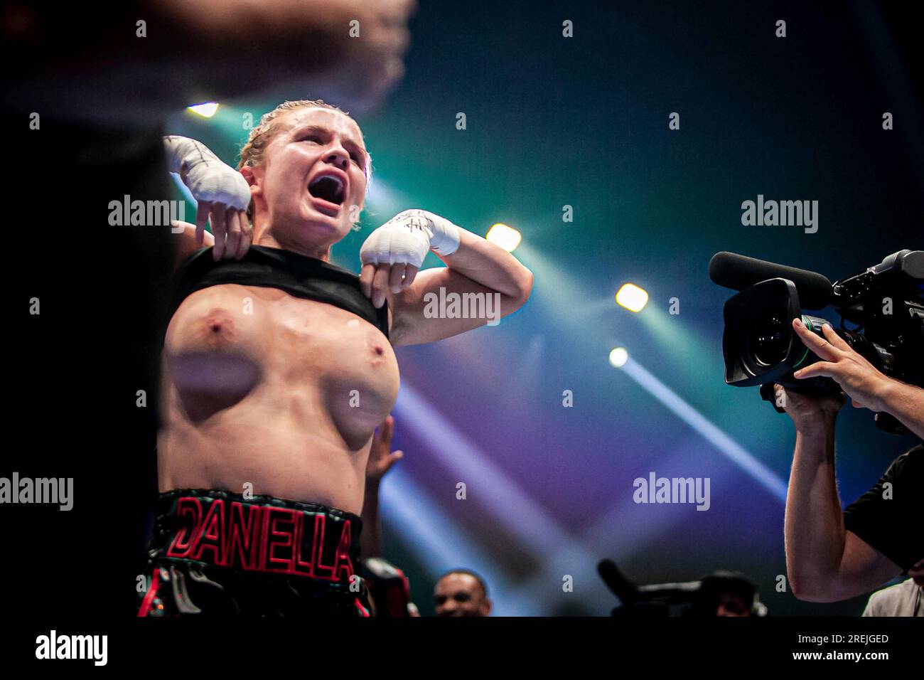 DUBLIN, IRELAND - JULY 15: Daniella Hemsley celebrates her victory over  Ms.Danielka showing her intimate parts during the Kingpyn Boxing: Semifinal  High Stakes tournament event on July 15, 2023, at Three Arena