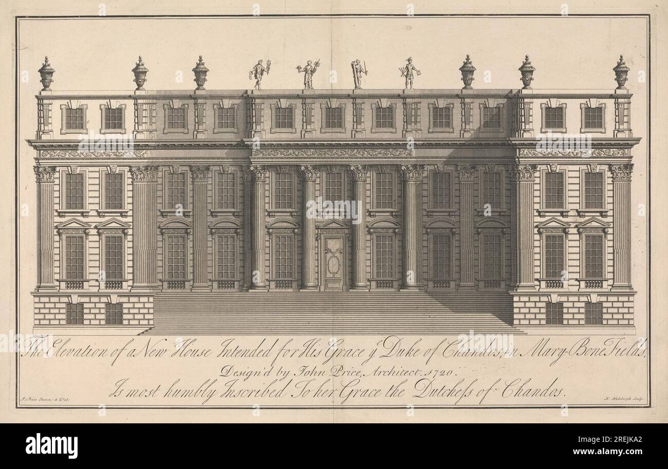 L'elevazione di una nuova casa destinata a sua Grazia e duca di Chandos, in Mary Bone Fields 1720 di Henry Hulsbergh Foto Stock