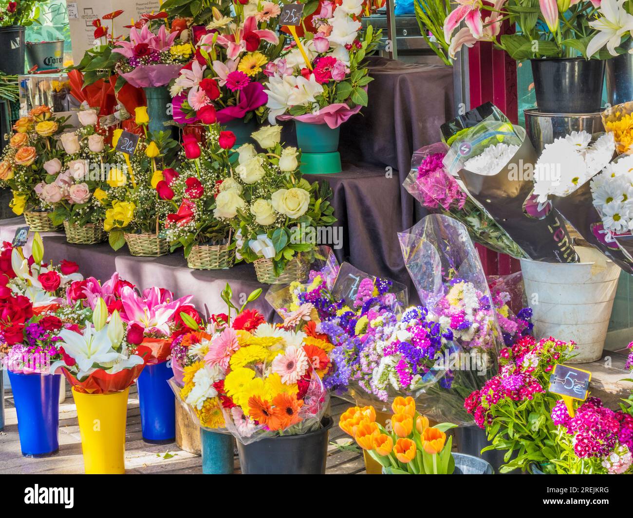 Un fioraio a Las Ramblas, Barcellona, Catalogna, Spagna. Foto Stock