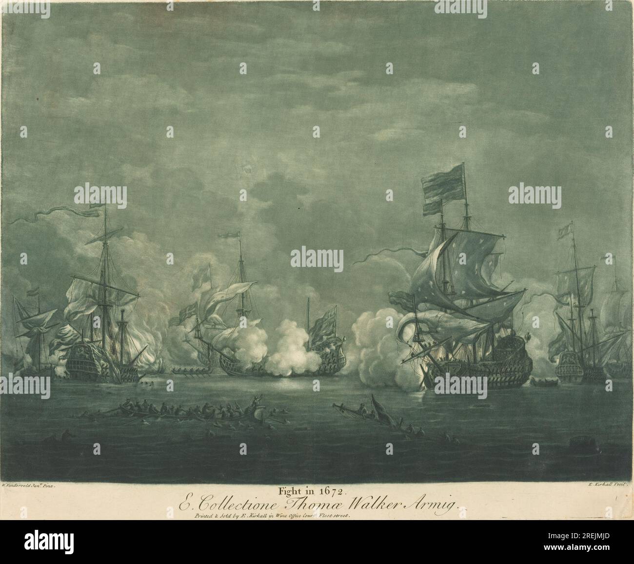 "Elisha Kirkall dopo Willem van de Velde il giovane, lotta nel 1672, anni '1720, mezzotinta e incisione stampati in verde e nero su carta deposta, lastra: 32,9 x 40,2 cm (12 15/16 x 15 13/16 pollici) Foglio: 35,9 x 46,2 cm (14 1/8 x 3/16 pollici), Paul Mellon Fund, 2001.118.17.12' Foto Stock
