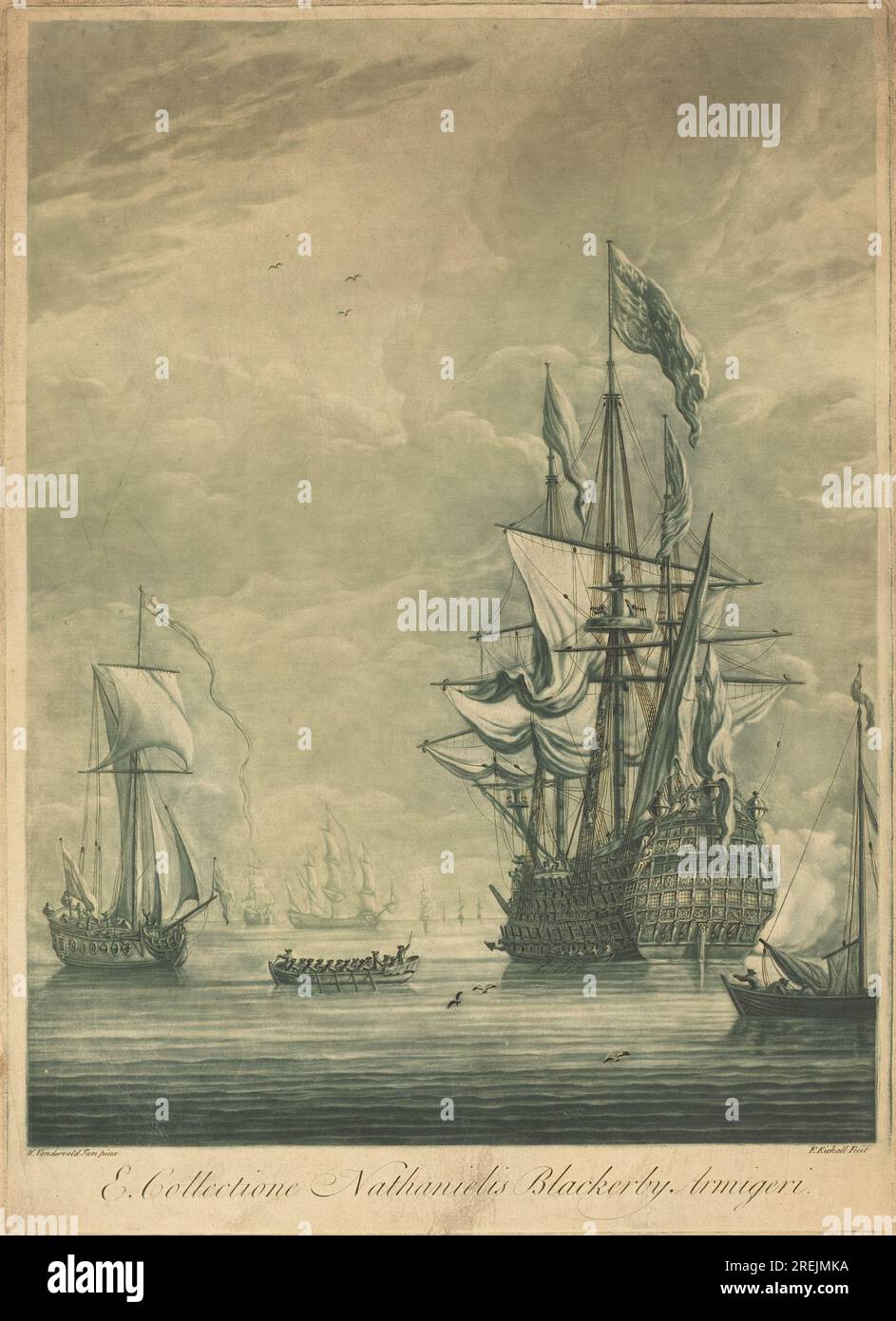 "Elisha Kirkall dopo Willem van de Velde il giovane, Shipping Scene from the Collection of Nathaniel Blackerby, anni '1720, mezzotinta e incisione stampati in verde e nero su carta deposta, lastra: 45,2 x 32,6 cm (17 13/16 x 12 13/16 pollici) Foglio: 51,2 x 36,9 cm (20 3/16 x 14 1/2 pollici), Paul Mellon Fund, 2001.118.17.16' Foto Stock