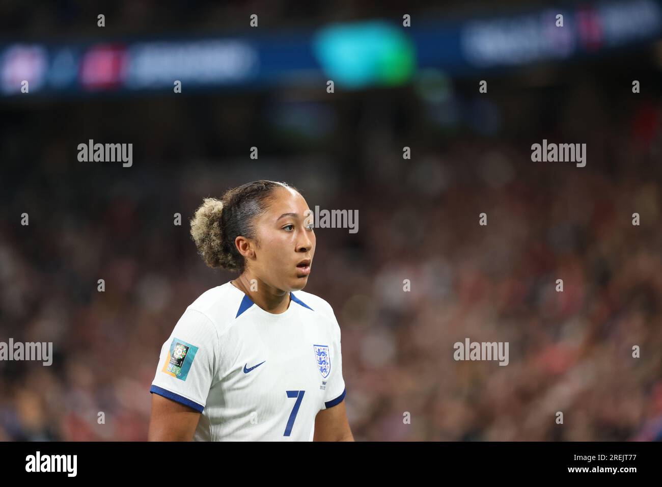 Sydney, Australia. 28 luglio 2023. Lauren James (7) è stata vista in azione durante la Coppa del mondo femminile FIFA 2023 tra Inghilterra e Danimarca allo stadio di calcio di Sydney. Punteggio finale: Inghilterra 1 - Danimarca 0. Credito: SOPA Images Limited/Alamy Live News Foto Stock