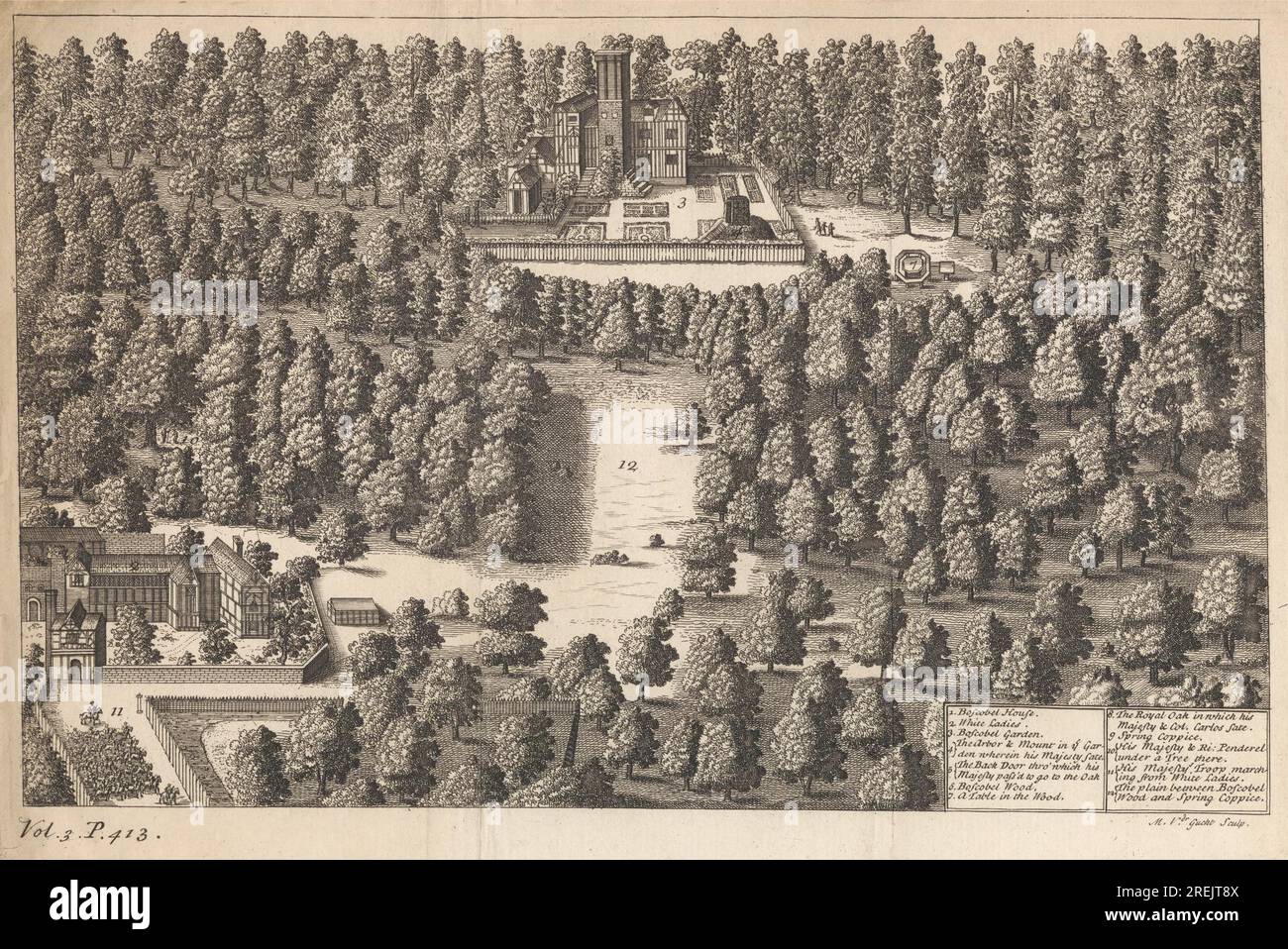 A View of Boscobel House & the White Ladies, with the Wood, dove re Carlo II si nascose dopo la battaglia di Worcester tra il 1675 e il 1725 di Michael Vandergucht Foto Stock