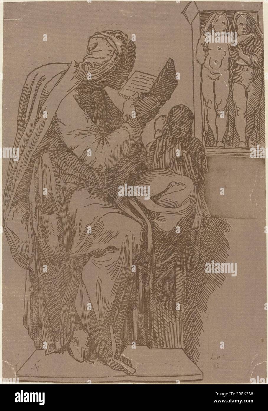 "John Skippe dopo Michelangelo, lettura Sibilla, anni '1780, legno chiaroscuro stampato a partire da 2 blocchi: Blocco linea marrone e blocco tonalità grigio-marrone su carta deposta; stilata sulla pagina dell'album, foglio: 35,3 x 24,7 cm (13 7/8 x 9 3/4") Supporto: 48,7 x 34 cm (19 3/16 x 3/8 pollici), Ailsa Mellon Bruce Fund, 1996,9,5' Foto Stock "John Skippe dopo Michelangelo, lettura Sibilla, anni '1780, legno chiaroscuro stampato a partire da 2 blocchi: Blocco linea marrone e blocco tonalità grigio-marrone su carta deposta; stilata sulla pagina dell'album, foglio: 35,3 x 24,7 cm (13 7/8 x 9 3/4") Supporto: 48,7 x 34 cm (19 3/16 x 3/8 pollici), Ailsa Mellon Bruce Fund, 1996,9,5' Foto Stock