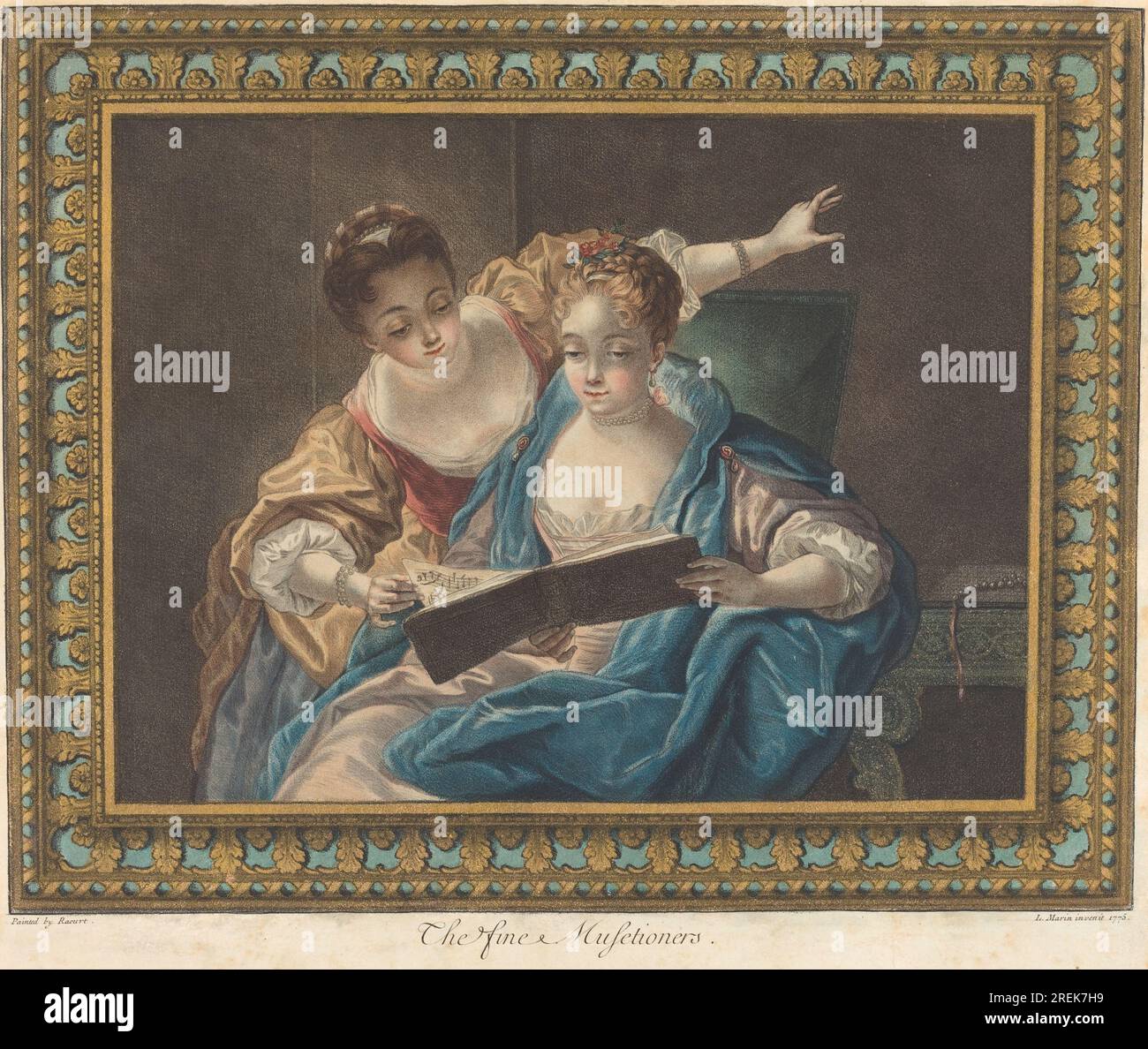 "Louis-Marin Bonnet, The fine Musetioners, 1775, stile gesso con foglia d'oro applicata su carta deposta, immagine: 27,9 x 34,5 cm (11 x 13 9/16 pollici) Foglio: 31,4 x 37,5 cm (12 3/8 x 14 3/4 pollici), regalo di Ivan E. e Winifred Phillips in onore di Margaret Morgan Grasselli, 2004,1,1' Foto Stock