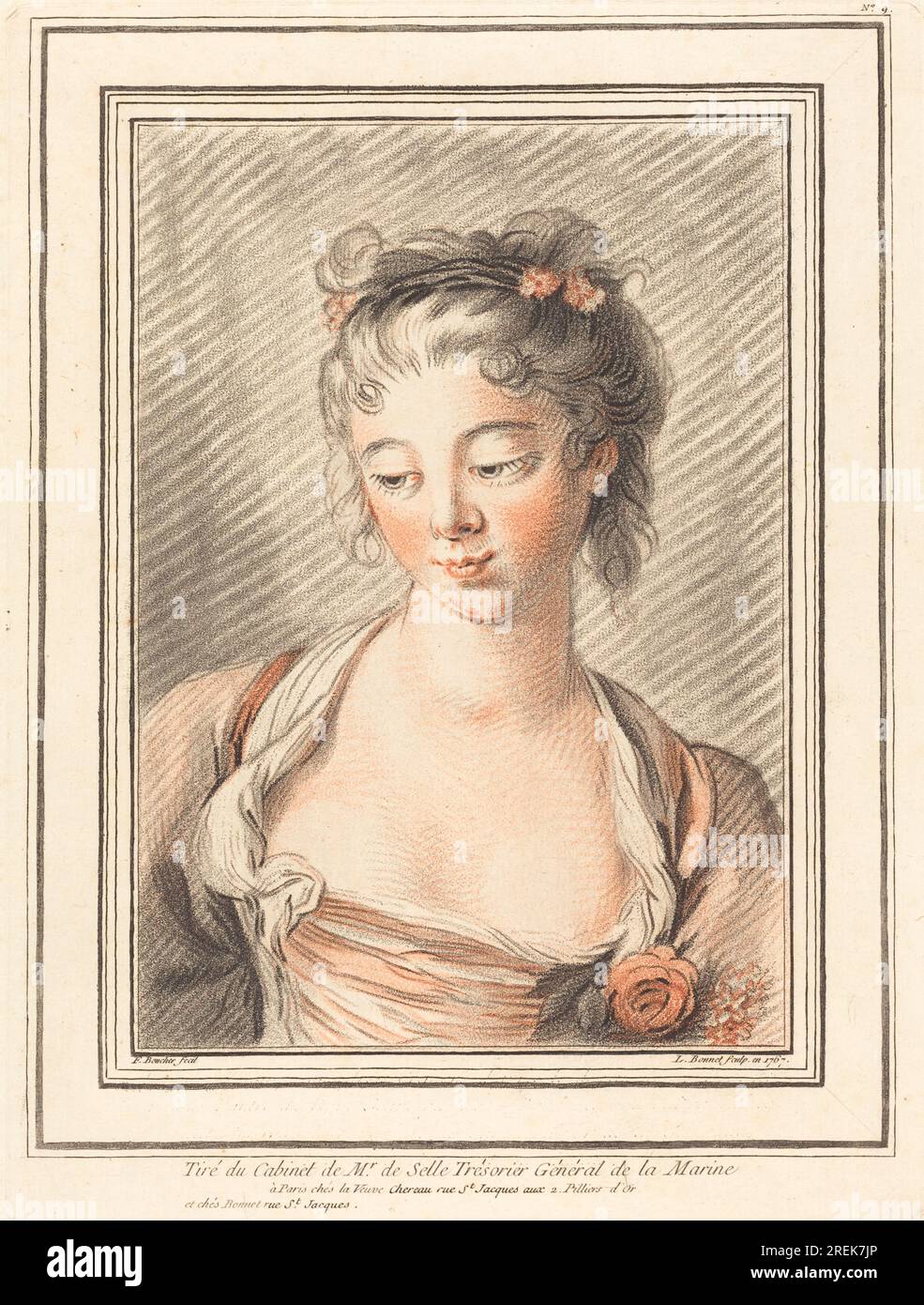 "Louis-Marin Bonnet da Francesco Boucher, Busto di una giovane donna che guarda in basso, 1773 o più, con gesso stampato in nero e rosso su carta deposta, targa: 30,9 x 23,2 cm (12 3/16 x 9 1/8 pollici) Totale (2a linea di inquadratura): 23,5 x 16,6 cm (9 1/4 x 6 9/16 pollici), regalo di Ivan E. e Winifred Phillips, in memoria di Neil Phillips, 2003,12,1' Foto Stock