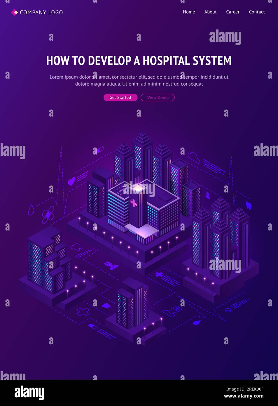 Pagina di destinazione isometrica del sistema ospedaliero della città intelligente. Tecnologie di medicina futuristica, rete clinica a smartcity con grattacieli neon bagliore, sviluppo di infrastrutture sanitarie banner web vettoriale 3d. Illustrazione Vettoriale