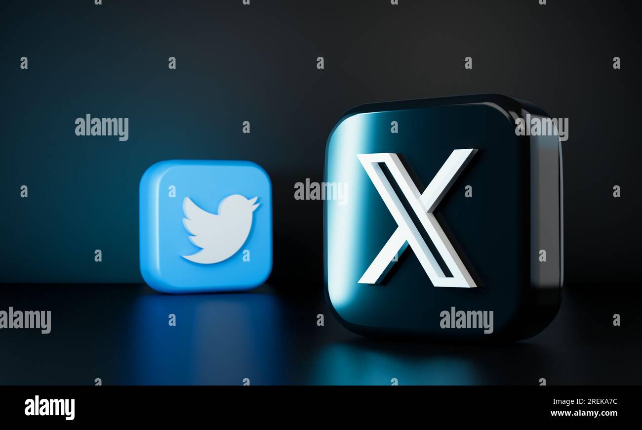 Luglio 2023. Nuovo logo Twitter come icona nera X.com illustrazione 3D. Foto Stock