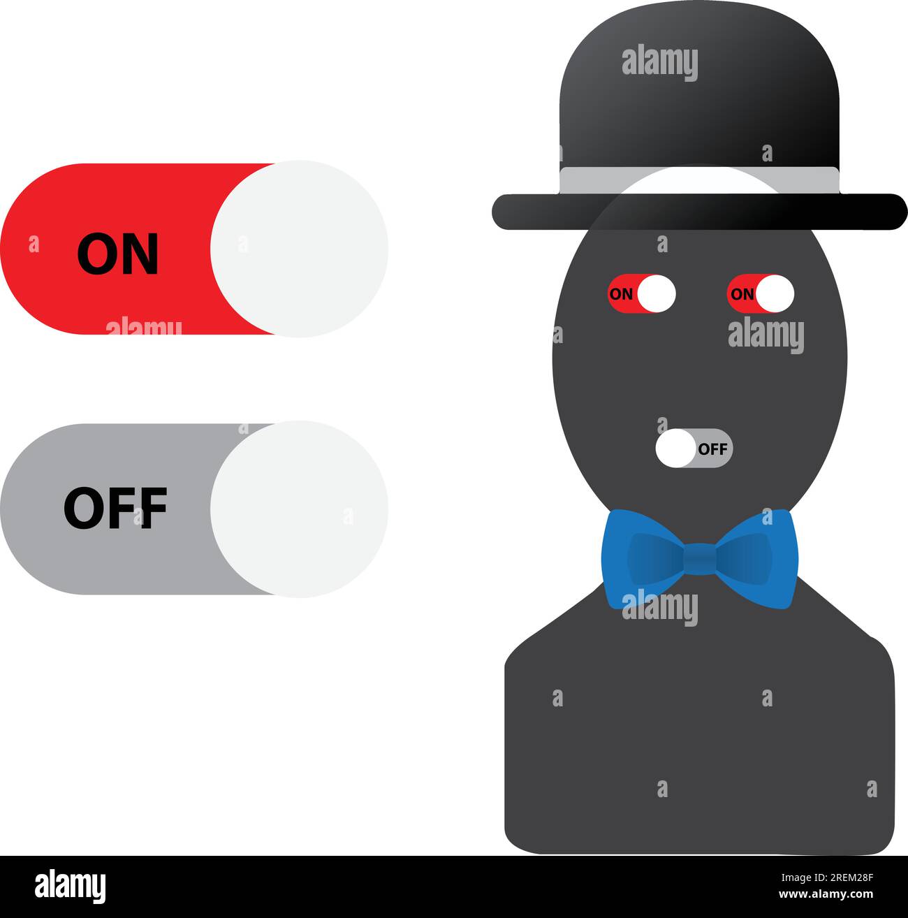 Silhouette di una persona con pulsanti on e off agli occhi e alla bocca Illustrazione Vettoriale