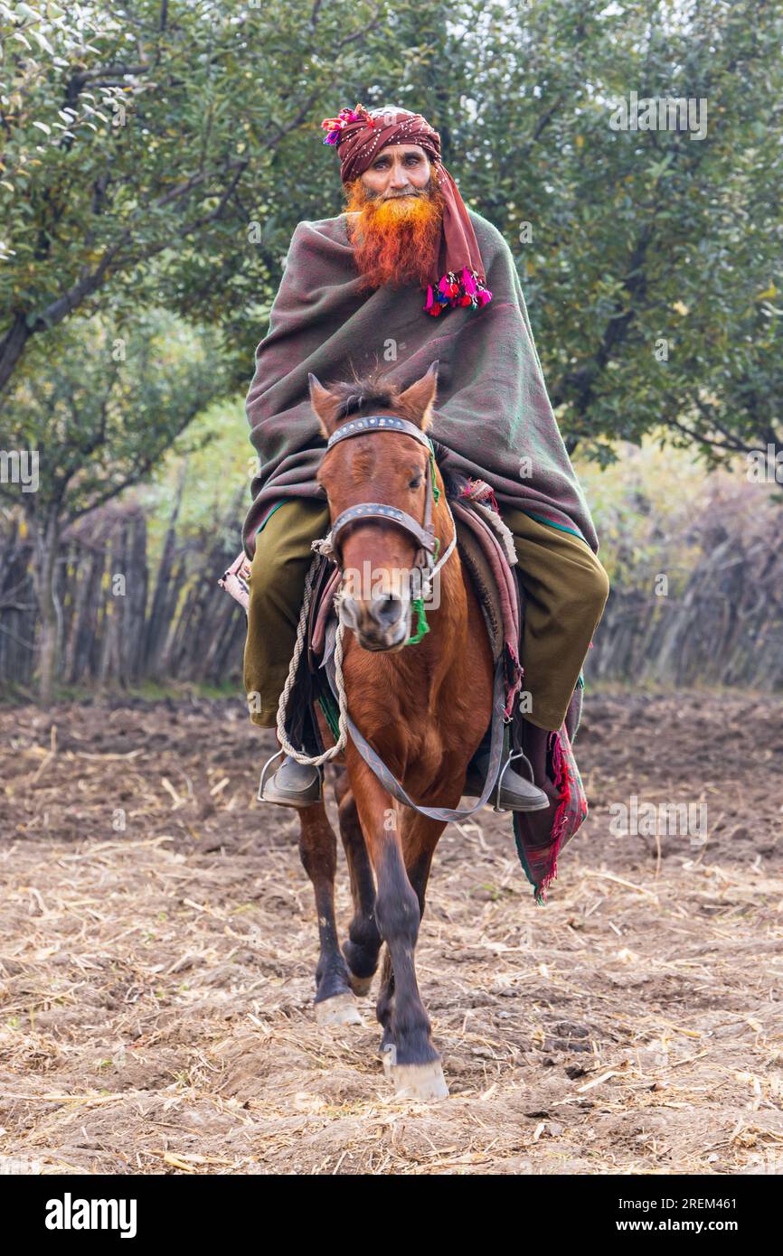 Khansahib Tehsil, Jammu e Kashmir, India. 31 ottobre 2022. Uomo con una barba tinta all'henné rossa che cavalca a cavallo a Jammu e Kashmir. Foto Stock