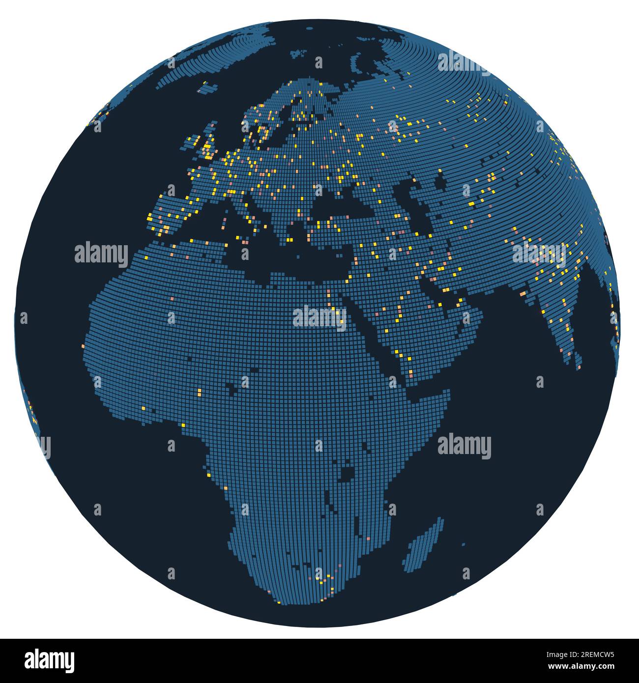 Una mappa circolare dell'Europa e dell'Africa con grandi città evidenziate con punti stilizzati. Rendering 3D. Foto Stock