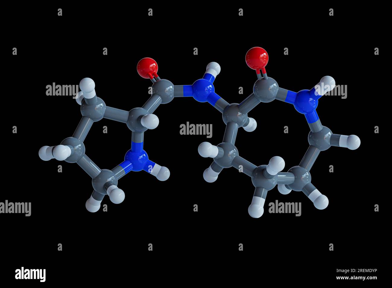 Illustrazione di una molecola di ozopromide (N-(2-ozoazepan-3-il)-pirrolidina-2-carbossammide). Questo composto si trova nel sacco d'inchiostro del polpo comune (Octopus vulgaris). Studi in vitro hanno dimostrato che è in grado di uccidere selettivamente le cellule tumorali. Foto Stock