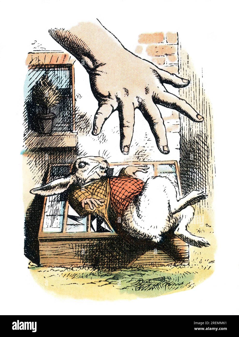 Mano gigante che si avvicina al coniglio bianco Alice nel paese delle meraviglie illustrazione di Tenniel colorata Foto Stock